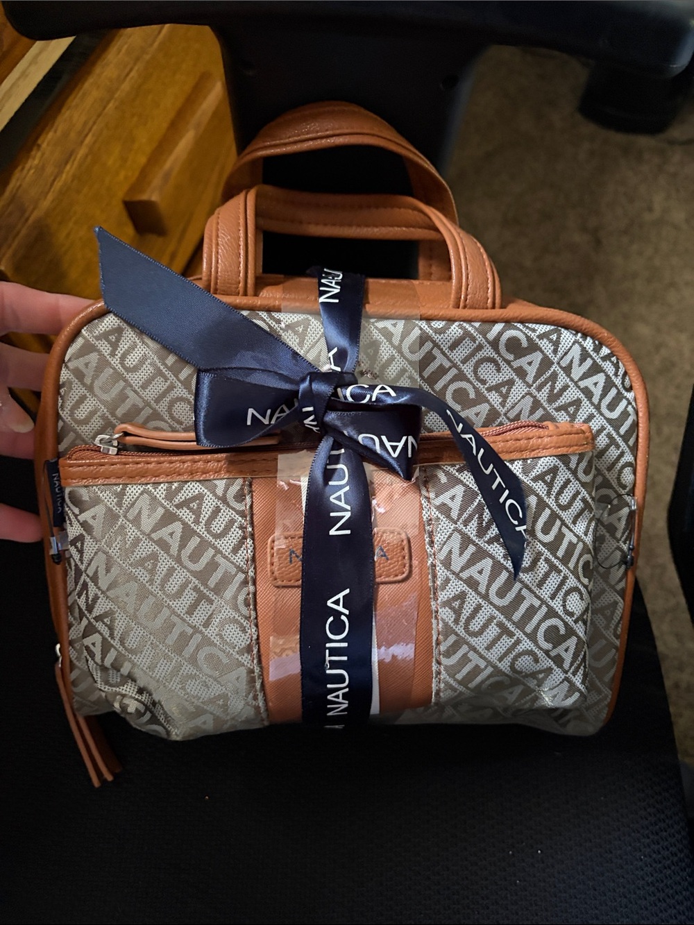 Nautica Tan and Beige Logo-Print Toiletry Bag with Branded Ribbon